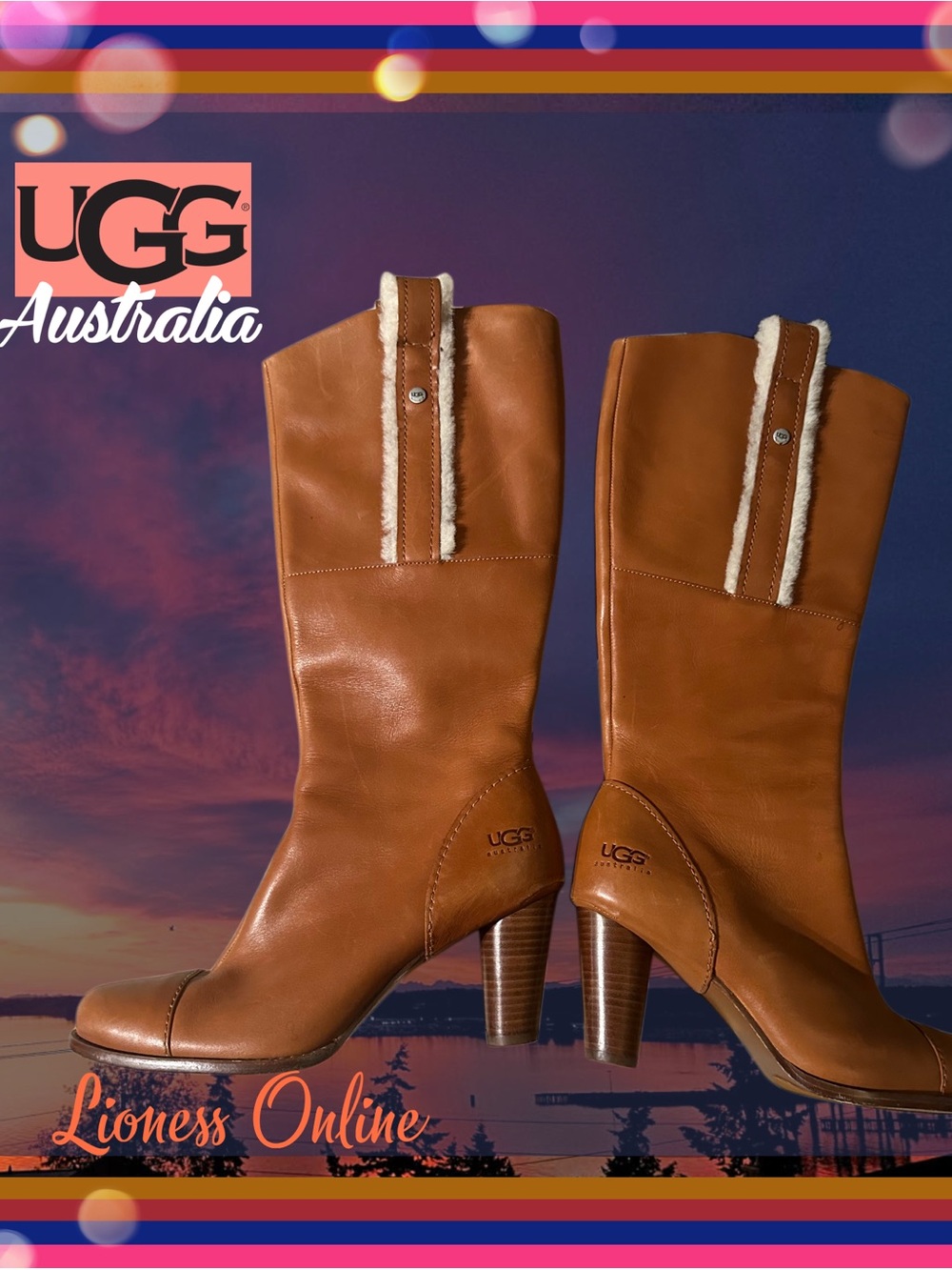 UGG Australia Tan Leather Shearling- Mid-Calf Heeled Boots Size 10